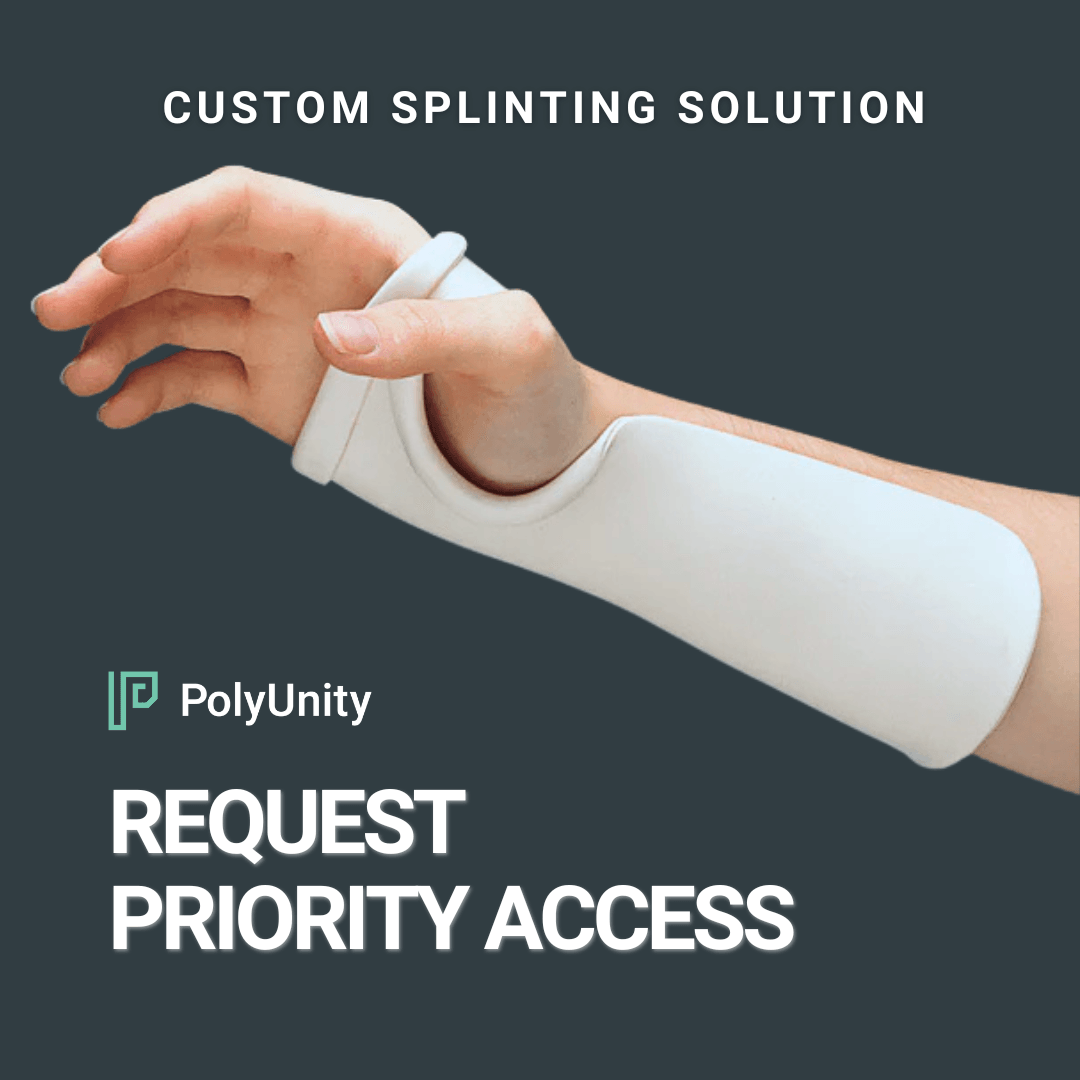 Custom splinting solution — request priority access. A custom 3D printed wrist and forearm splint fitted to a patient.
