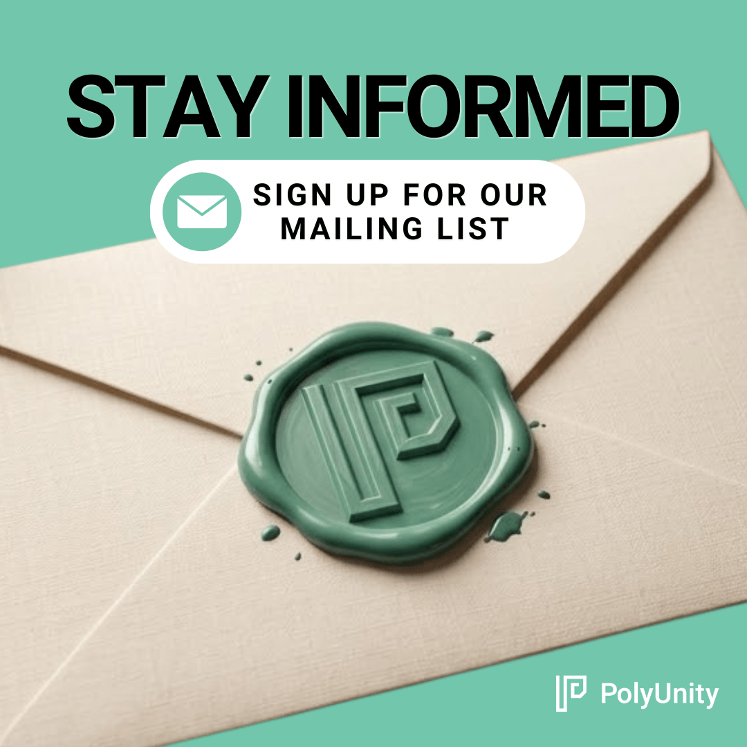 Stay informed — sign up for our mailing list. An envelope closed with a green wax seal bearing the PolyUnity mark.