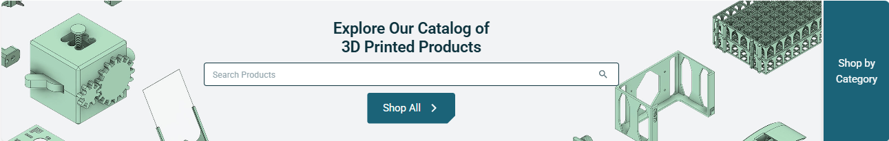 The i3D.Health catalogue landing page: 'Explore Our Catalog of 3D Printed Products', a product search box, a Shop All button and a Shop by Category panel