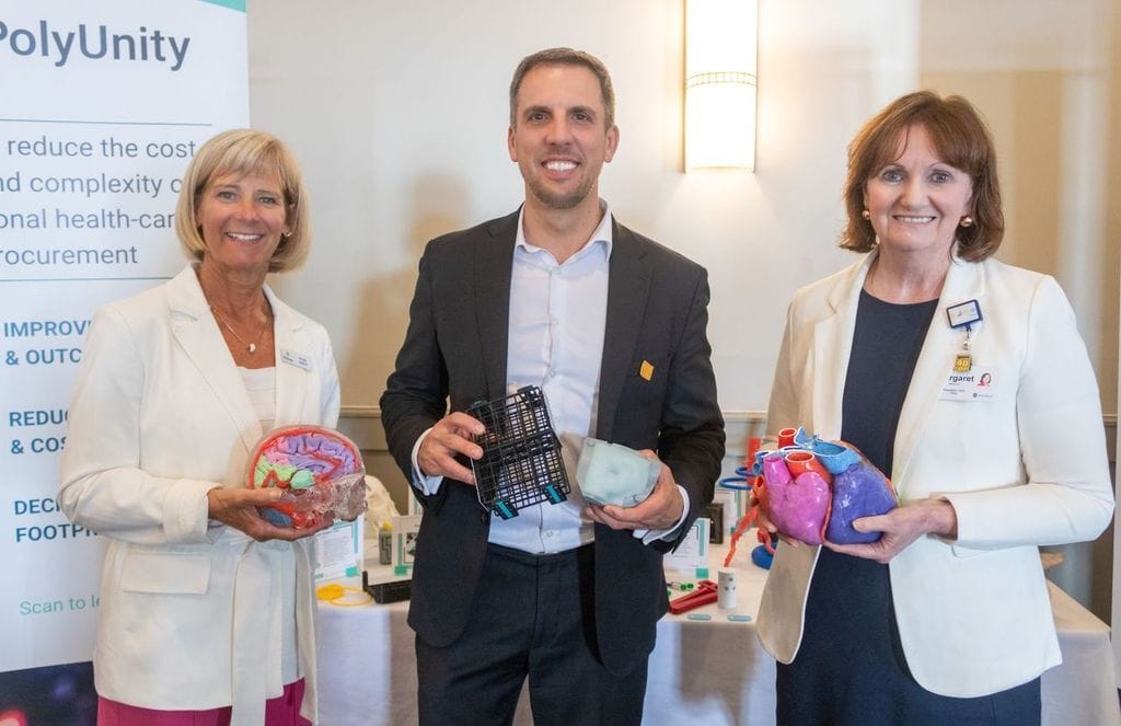 From left: Susan Harley, Chair of Horizon's Board of Directors; Mark Gillingham, President, PolyUnity Tech Inc.; and Margaret Melanson, Horizon President and CEO, with PolyUnity 3D-printed products.
